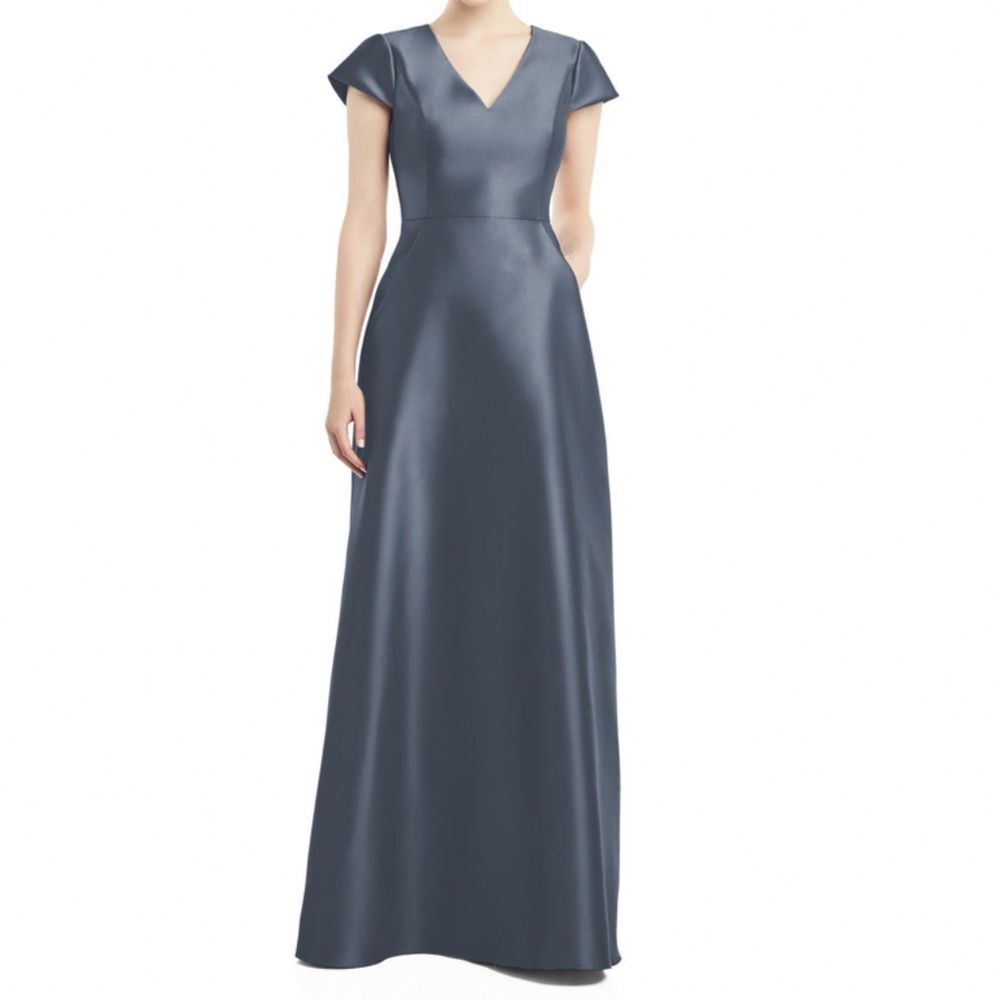 Alfred Sung Blue Satin Cap Sleeve Gown